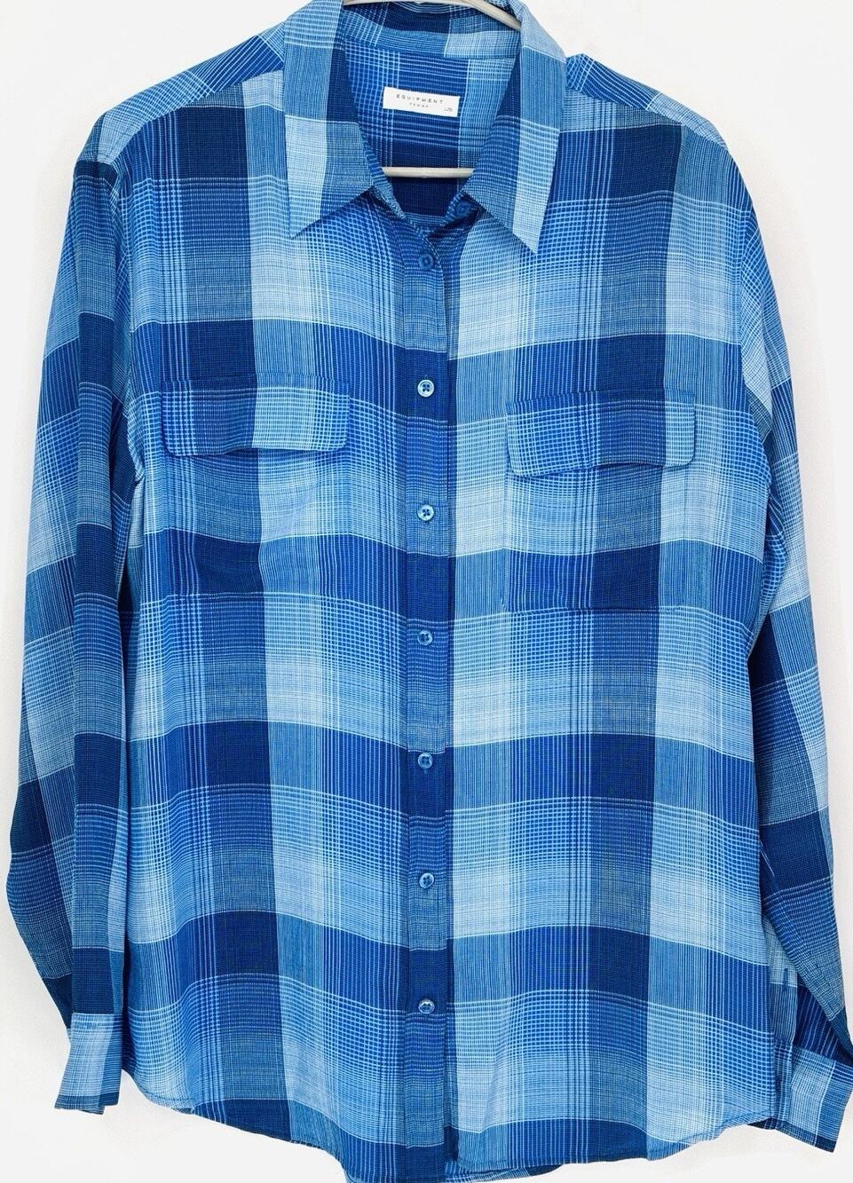 Equipment Femme 100% Silk Blue Plaid Button Front Boyfriend Blouse Women’s L